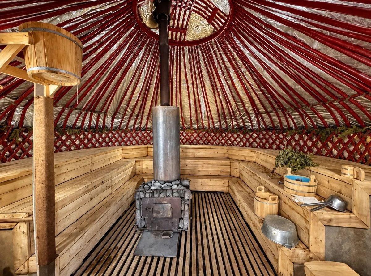 Inside the banya: stove and benches