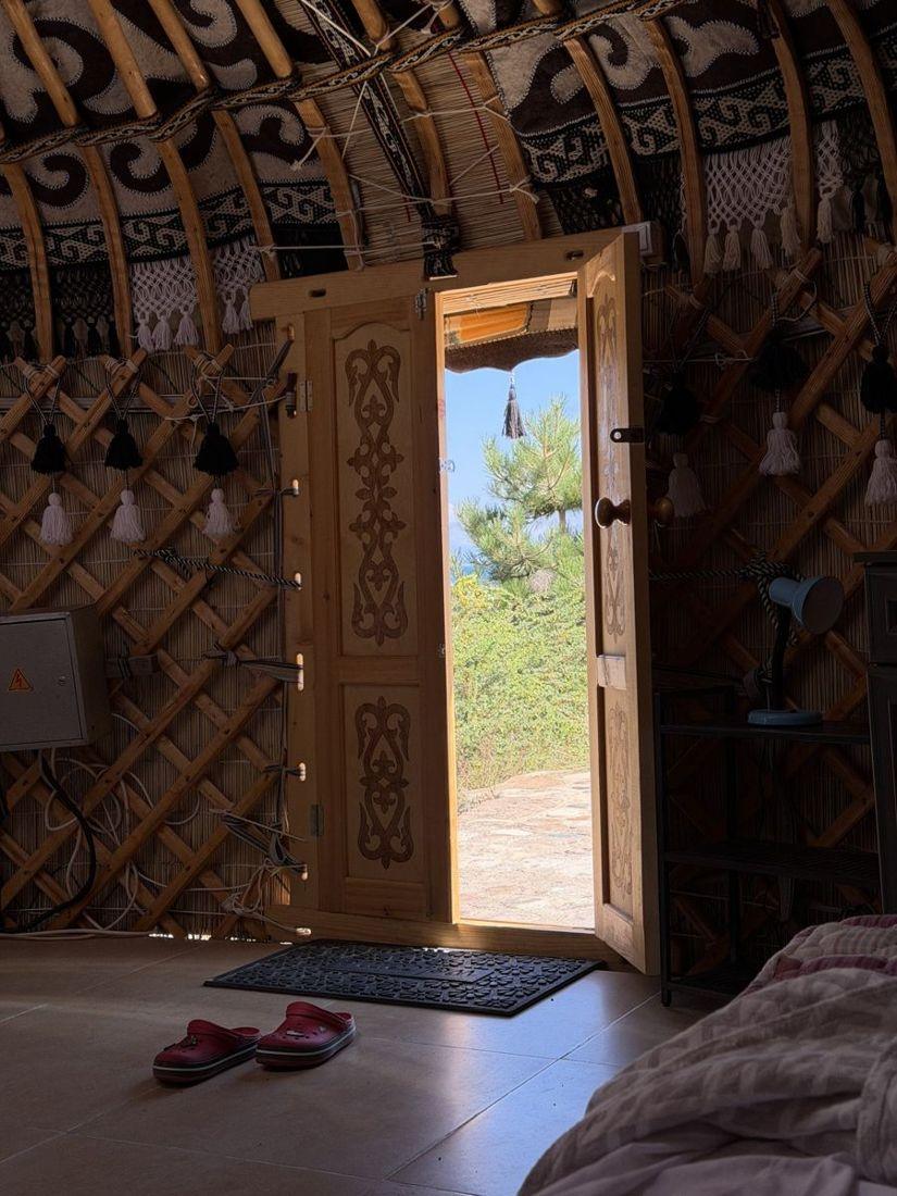 Carved yurt door