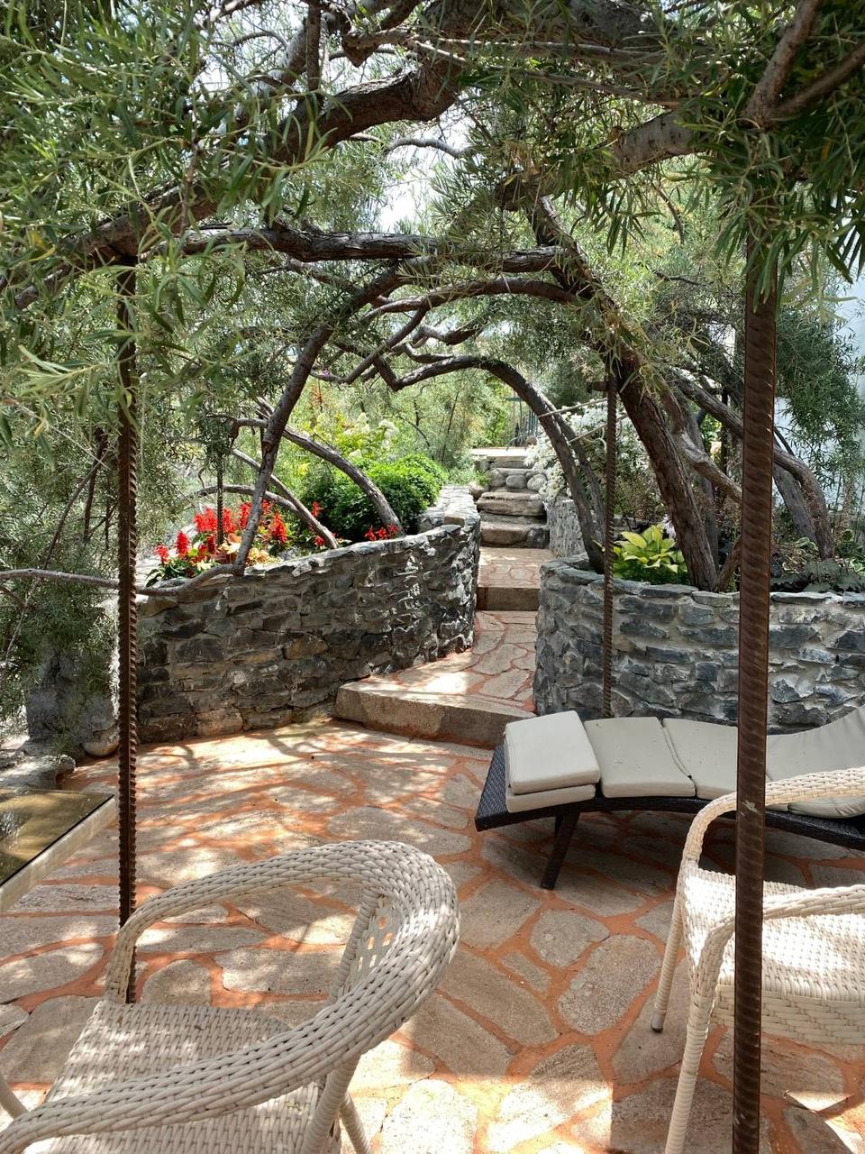 Shady garden with stone flowerbeds